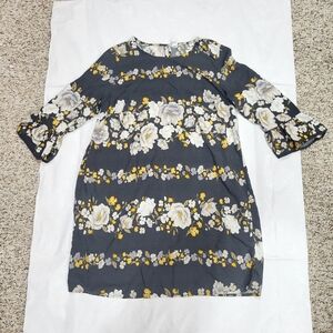 Old Navy Size L Floral 3/4 Sleeve Shift Dress Grey Bell Sleeve Knee Length